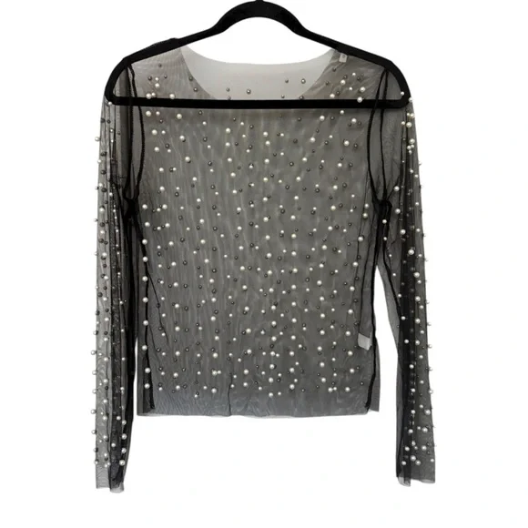 Pearl Embellished Sheer Long Sleeve Top Black - Picture 2 of 5